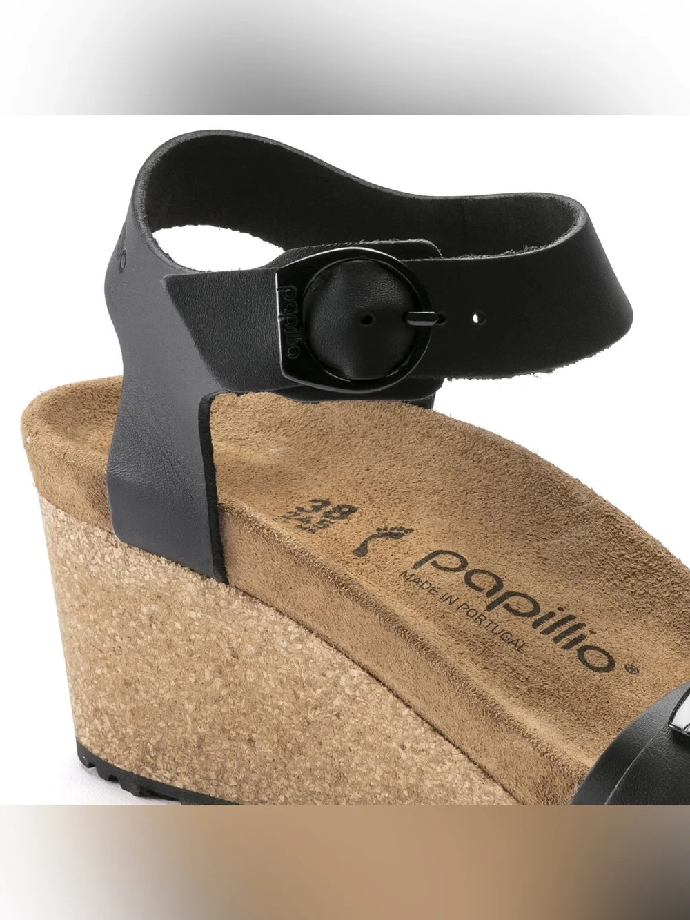 Birkenstock Papillio Soley Black Leather Wedge Sandals with Buckle Straps size 9